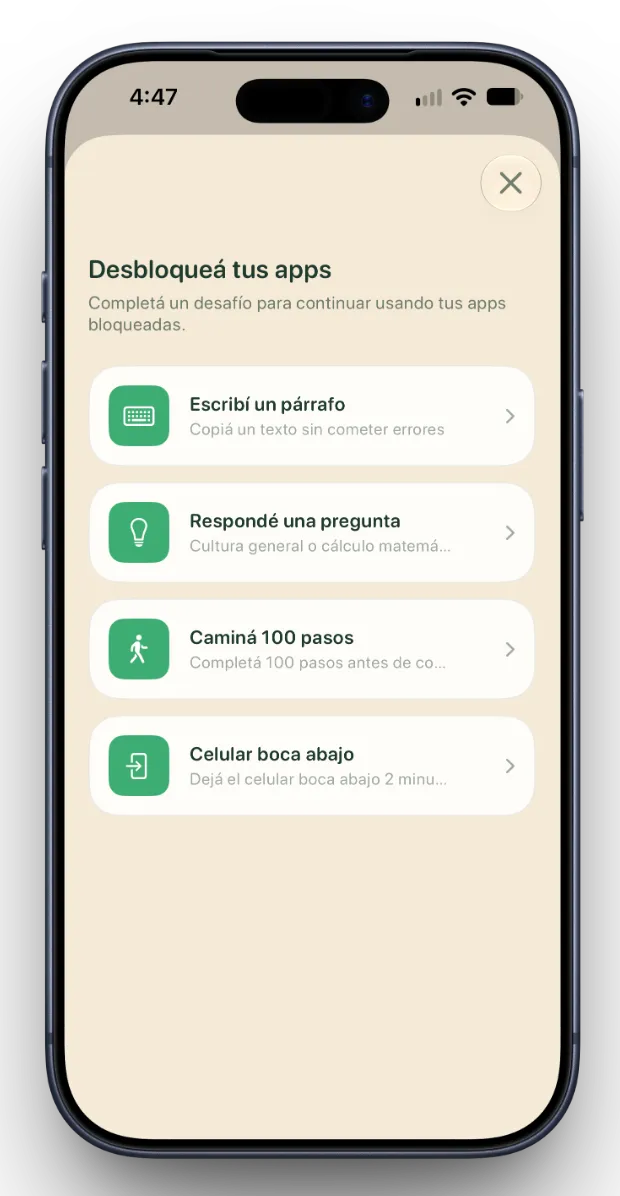 Pantalla Desbloqueá tus apps con lista de desafíos